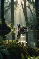 A serene scene featuring a wooden duck decoy in a misty forest setting. photo