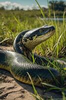 A close-up of a large snake resting on the ground amidst tall grass. photo