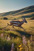 A graceful antelope running through a vibrant meadow with hills in the background. photo