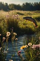 A fish leaps above a tranquil stream surrounded by wildflowers and lush greenery. photo
