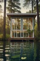 A modern glass house by a serene lake surrounded by tall trees. photo