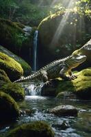 A reptile basking near a serene waterfall in a lush, green forest setting. photo