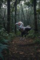 A surreal bird-like creature leaps through a dense forest path, blending nature and fantasy. photo