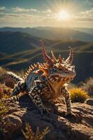 A horned lizard basking on a rock with mountains and a sunset in the background. photo