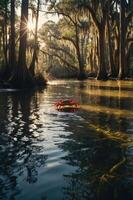A serene river scene with a crab amidst cypress trees and sunlight filtering through. photo