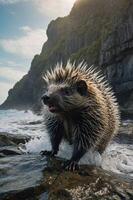 A hedgehog-like animal stands on rocky shore, surrounded by ocean waves and cliffs. photo