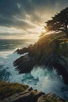 A dramatic coastal scene at sunset with waves crashing against rocky cliffs and a lone tree. photo
