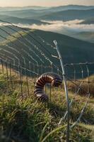 A caterpillar resting near a barbed wire fence with rolling hills and misty valleys in the background. photo