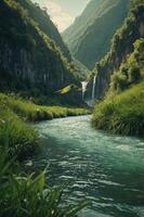 A serene landscape featuring a river, lush greenery, and a waterfall amidst mountains. photo