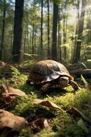 A turtle on moss in a sunlit forest, surrounded by trees and leaves. photo