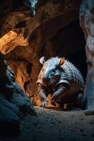 A large armadillo walking through a rocky cave illuminated by soft light. photo