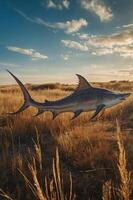 A shark floating above a golden field under a dramatic sky at sunset. photo