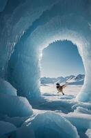 A bird exploring an icy archway in a stunning frozen landscape. photo