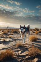 A husky dog walks through a desert landscape at sunset, surrounded by sparse vegetation. photo