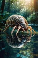 A large insect-like creature reflected in calm water, surrounded by lush forest. photo
