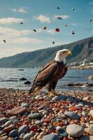 A majestic eagle stands on a colorful pebble beach by the water, with mountains in the background. photo