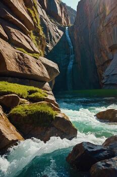 un sereno cascada cascadas mediante rocoso acantilados dentro un vibrante río, rodeado por lozano verdor. foto