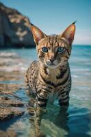 A Bengal cat standing in shallow water with a scenic background. photo