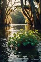 A serene water scene featuring lush greenery and tranquil reflections. photo