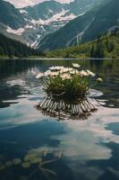 A serene lake scene featuring a cluster of daisies on the water, surrounded by mountains. photo