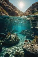 A serene underwater scene with sunlight filtering through clear water, revealing rocks and fish. photo