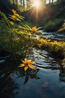 A serene stream with yellow flowers illuminated by sunlight in a forest setting. photo