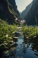 A serene landscape featuring flowers by a stream in a mountainous valley. photo