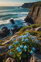 A scenic coastal view featuring blue flowers and rugged cliffs by the ocean. photo
