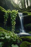 A serene waterfall surrounded by lush greenery and moss, creating a tranquil nature scene. photo