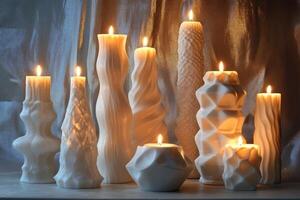 A Row of White Candles with Unique Shapes and Textures photo