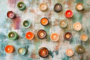 Assortment of Burning Candles in Various Colors and Containers photo
