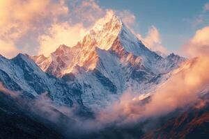Snow-capped Mountain Peak Bathed in Pink Sunset Light photo