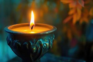 A Single Flame Flickering in a Teal Candle Holder photo