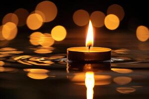 A Single Candle Floating on Rippling Water with Bokeh Lights photo