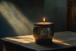 A Single Candle Burning in a Rustic Holder on a Wooden Table photo