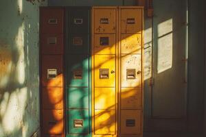 Four Vintage Metal Filing Cabinets in a Room with Sunlight Streaming Through a Window photo