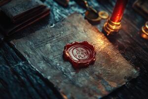 Red Wax Seal on a Vintage Document with a Candle in the Background photo