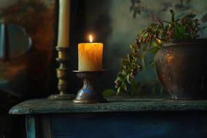 A Single Candle Burning on a Vintage Tabletop photo