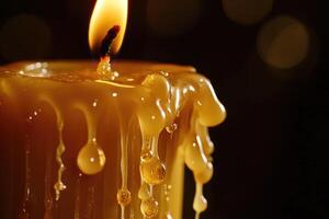 A Close-Up of a Burning Candle with Wax Dripping Down the Sides photo