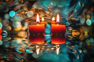 Two Burning Candles Reflected in a Rippling Abstract Background photo