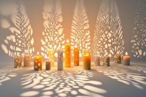Lit Candles Casting Leaf-Shaped Shadows on a White Surface photo