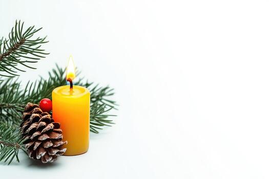 A Lit Yellow Candle with Pine Sprigs, a Pinecone, and a Red Berry photo
