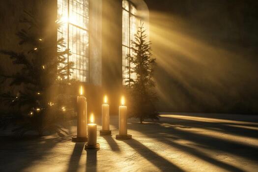 Four Lit Candles in a Room with Sunlight Streaming Through Windows photo