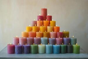 A Triangular Formation of Colorful Burning Candles photo