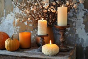 Burning Candles and Pumpkins on Rustic Wooden Surface photo