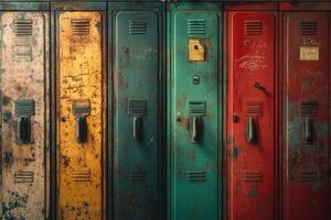 Row of Six Rusted and Worn Metal Lockers photo