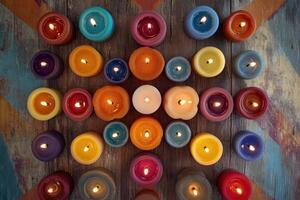 Colorful Candles Arranged on Rustic Wooden Surface photo