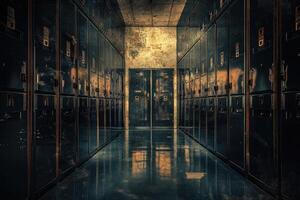 A Wet Hallway with Dark Lockers and a Door photo