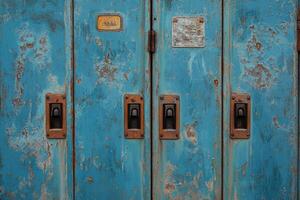 Close-up of Rusty Blue Metal Door with Handles photo