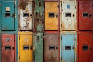 Weathered and Colorful Metal Lockers with Handles photo